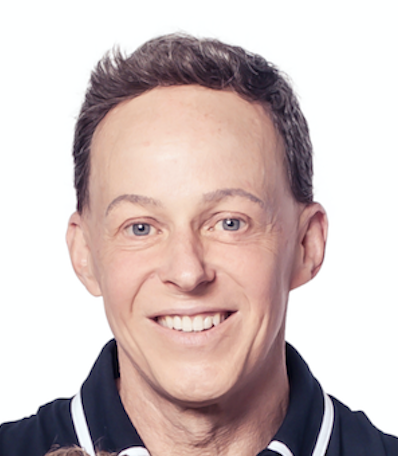 Smiling man with short hair in a black shirt with a white-trimmed collar