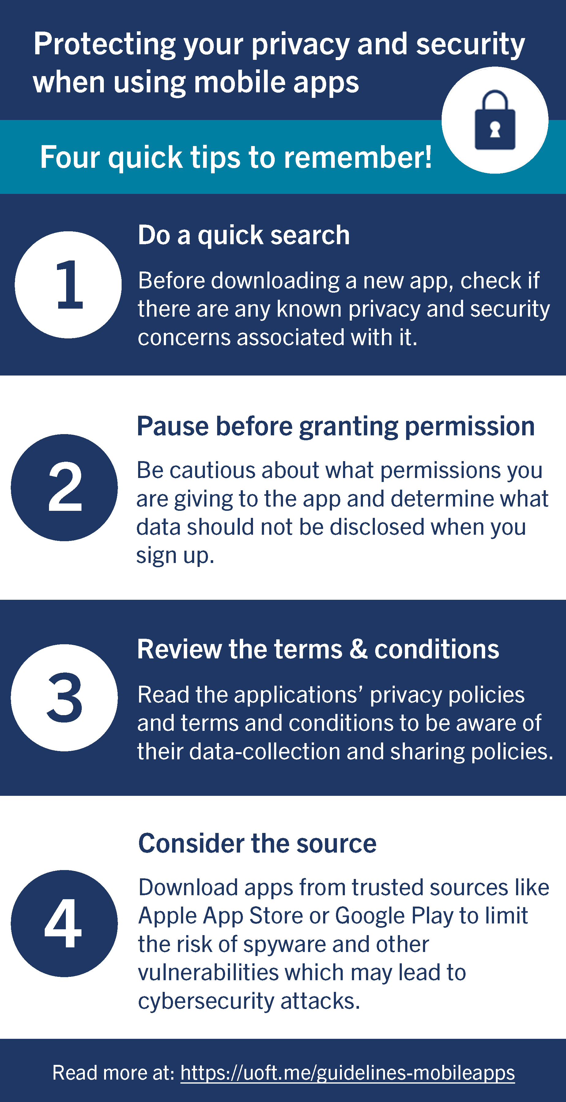 Infographic that outlines the four tips to protect privacy and security on mobile tips, adapted from the article by University of Toronto Information Security.