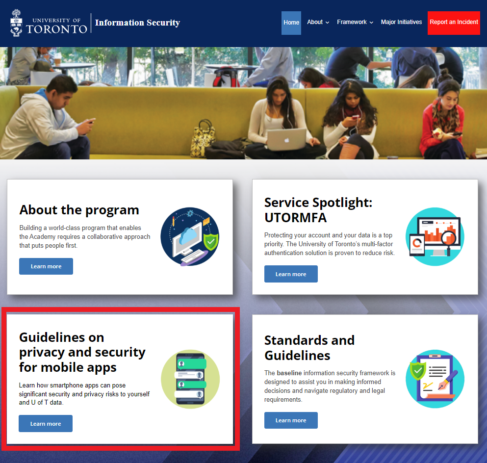 Information Security homepage, highlighting where the guidelines on privacy and security for mobile apps can be found.