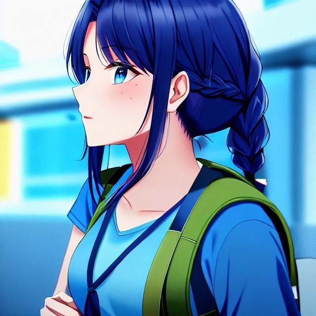 illustration of person with braids wearing a blue shirt and carrying a backpack