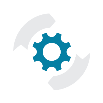 An icon depicting implementation. A gear with arrows around it.