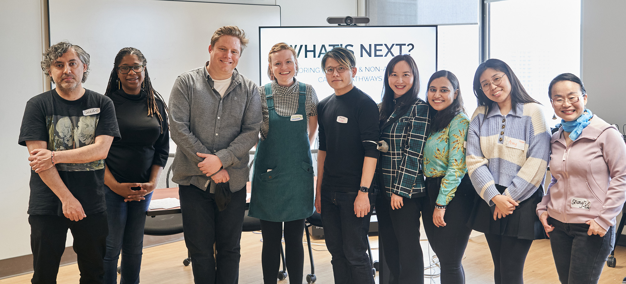 Photo: (L-R); Organizers, speakers, and volunteers for the day pose in a group photo: Claudio Jaramillo-Yanquepe, Dr. Dominique Riviere, Dr. Arlo Kempf, Lindsay Cavanaugh, Dr. Chun Chih Chen, Zian (Kelly) Zhang, Aakriti Mahajan, Amy (Sol Yi) Kim, Qiongli (Lisa) Zhu. 