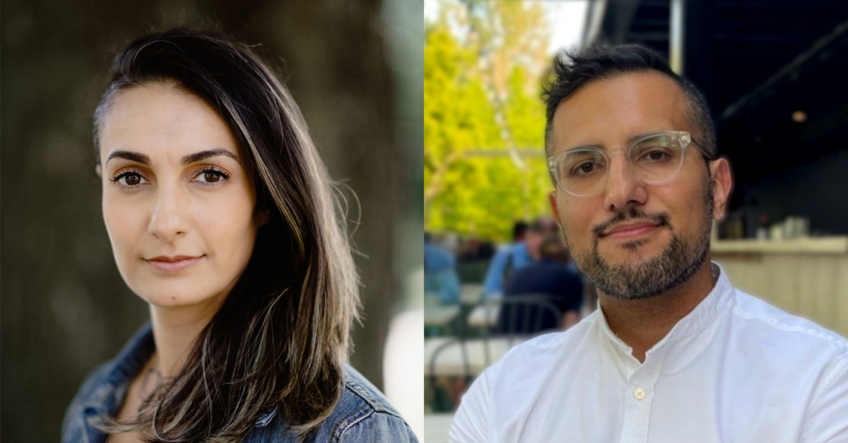 Beyhan Faradi has long hair, and Shozab Raza is wearing glasses and a white dress shirt. Both are pictured outside.