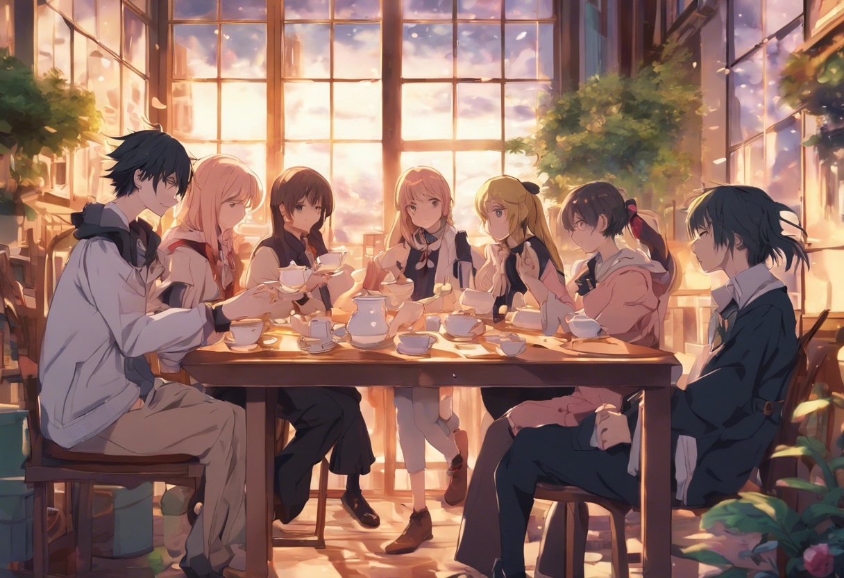 anime style image of many people seated around a table which is covered with tea cups and tea pots