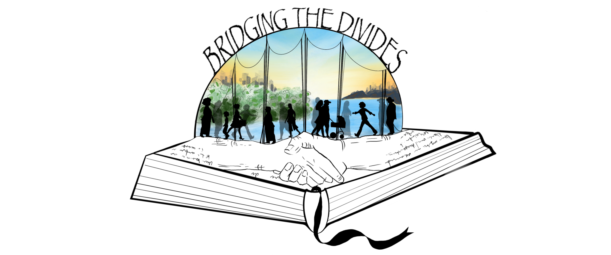 An illustration of an open book, with a circle popping out with people walking in it. The title "Bridging the Divides" is at the top of the circle. The books pages are two hands shaking.