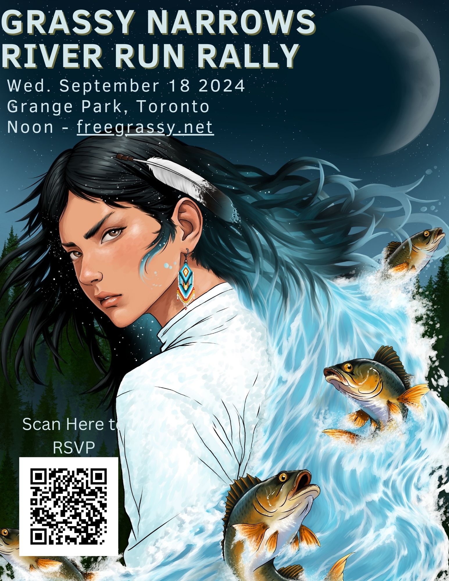 Poster of Grassy Narrows River Run Rally, hosted on September 18, 2024. Imagery depicts Indigenous woman's hair morphing into stream of water with fish.