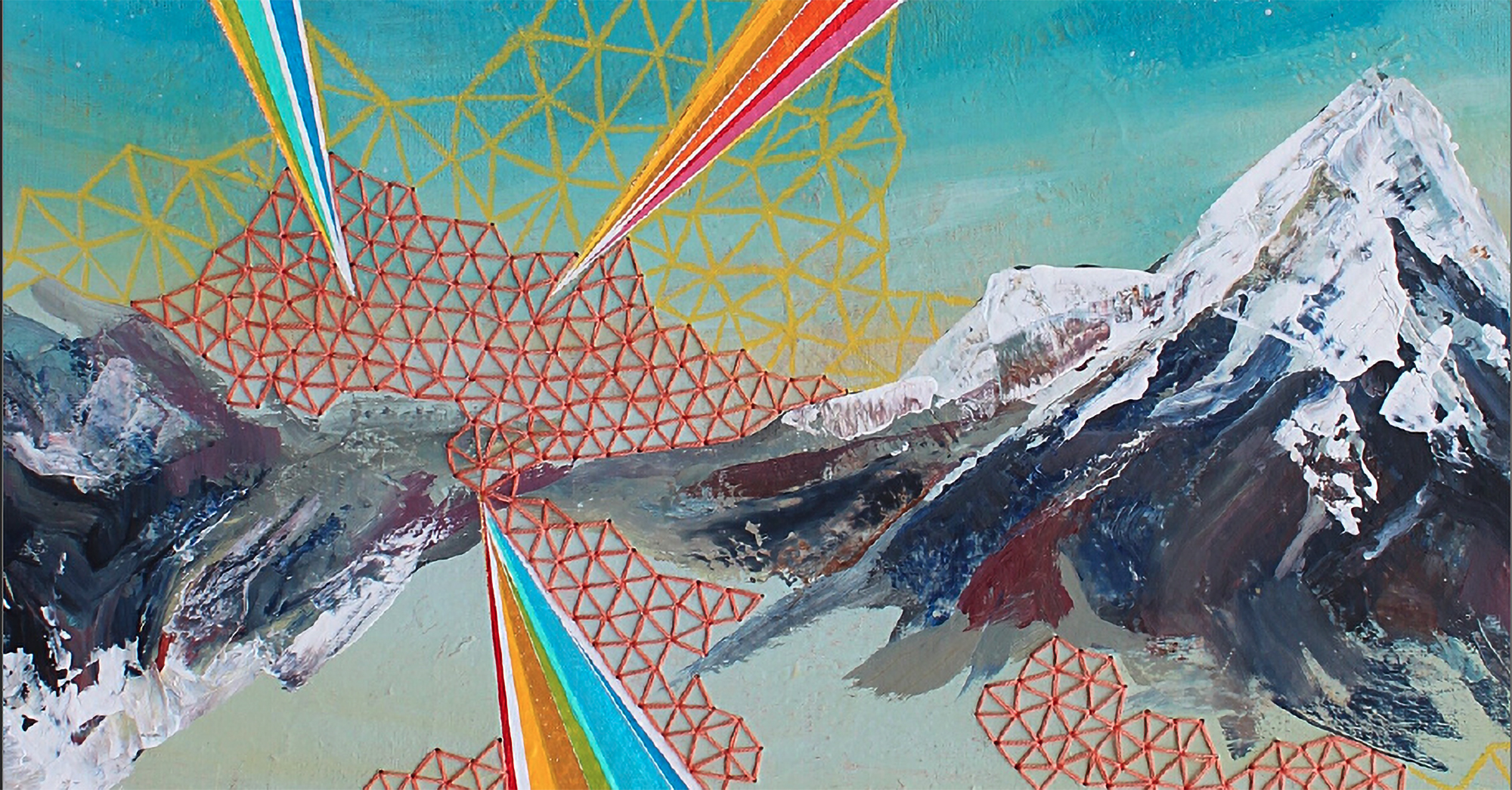 An illustration composed of multiple artistic mediums (string, paint, etc.) and showing a mountain landscape.