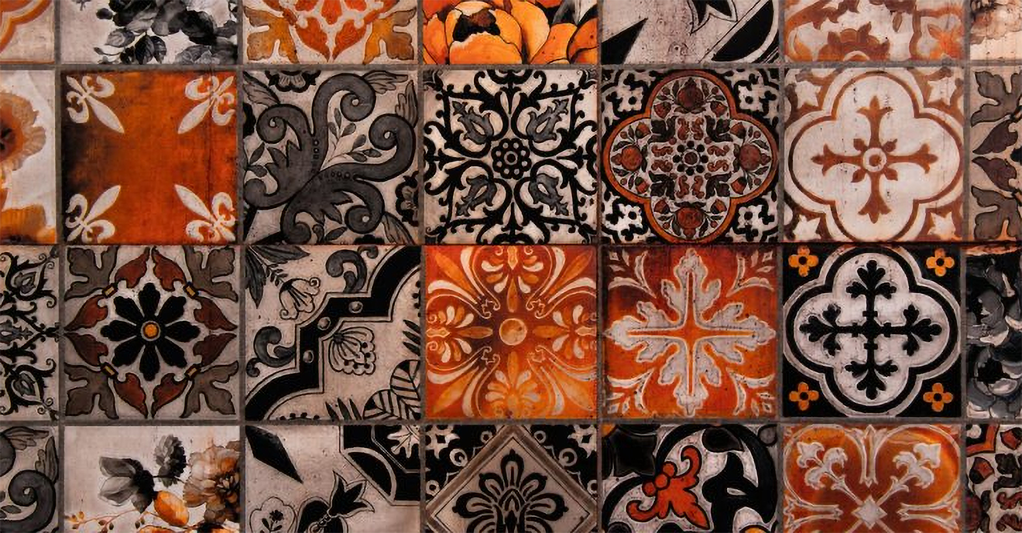 A multiple tiled patterns in shades of red and orange.