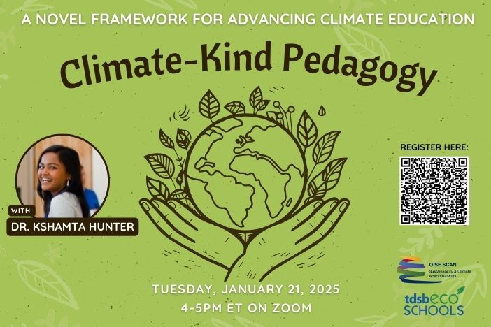 Climate-Kind Pegagogy with image of hands holding an earth with QR code for registration and photo of Dr. Kshamta Hunter