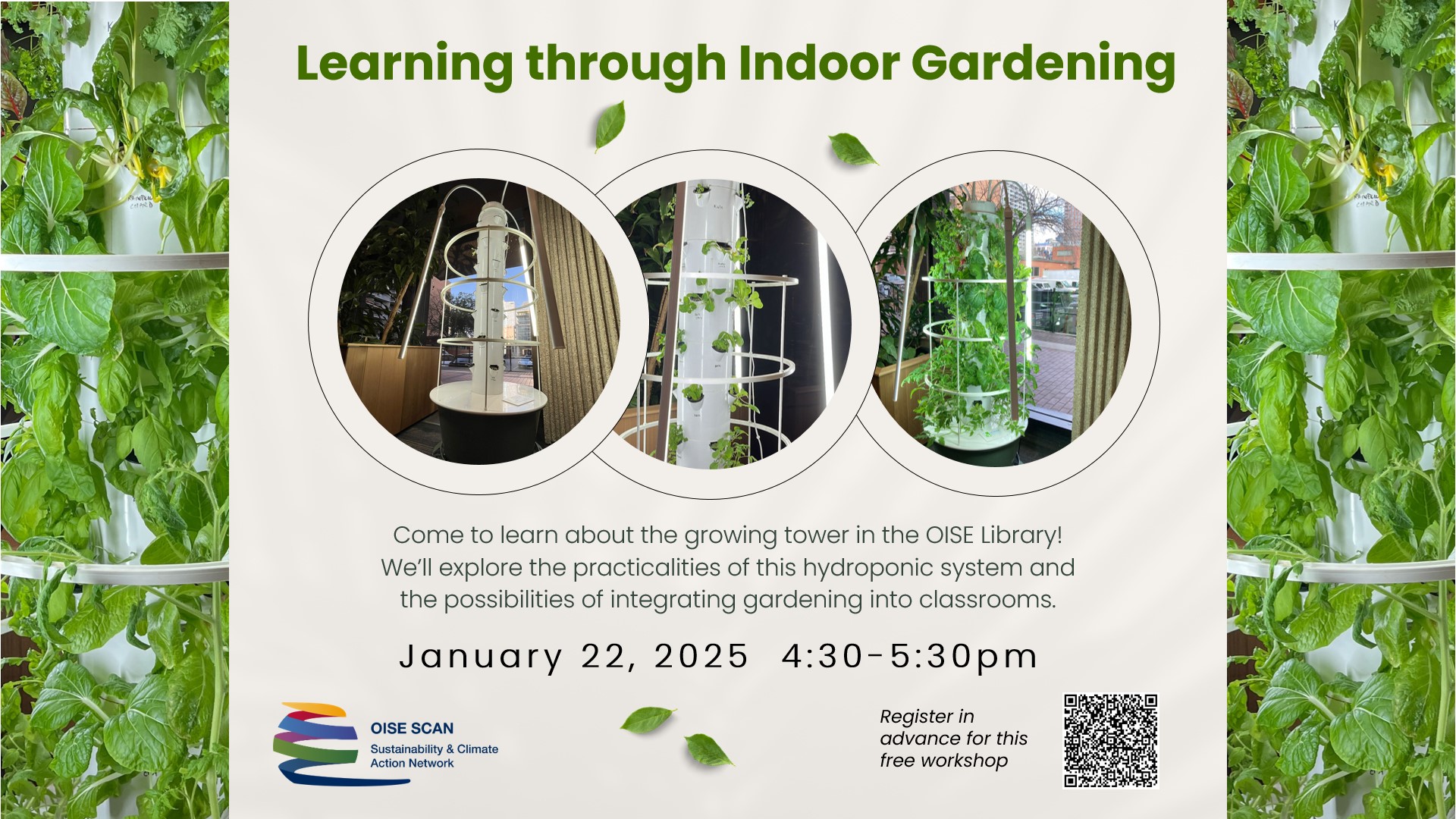 Learning through Indoor Gardening title with 3 photos of the the growing tower.