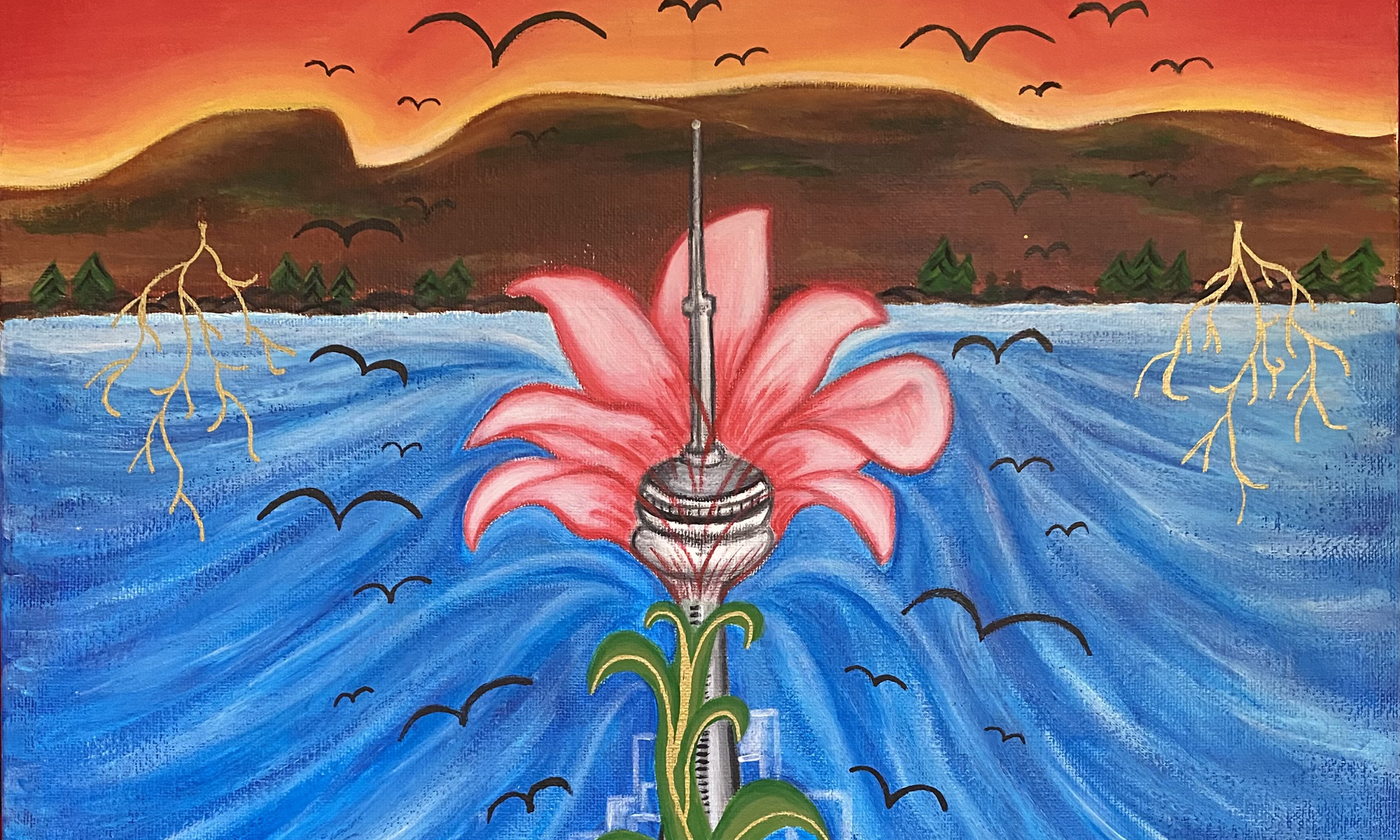 An acrylic on canvas illustration with imagery of the CN Tower, a flower, terrain, and roots.