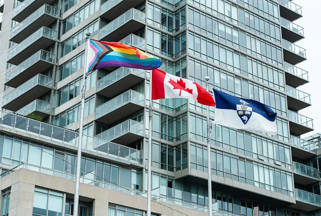 The Progress Pride flag flies over Varsity Stadium on the St. George campus to mark the start of Pride Month.