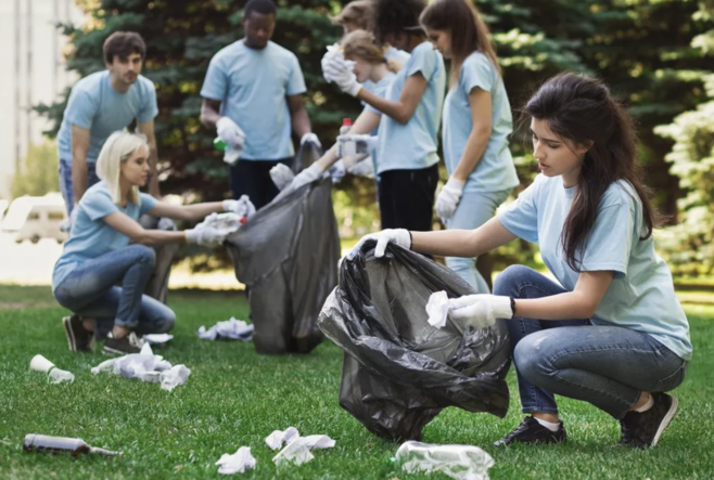 volunteers picking up trash