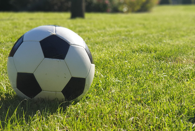 A soccer ball on a grass field. 