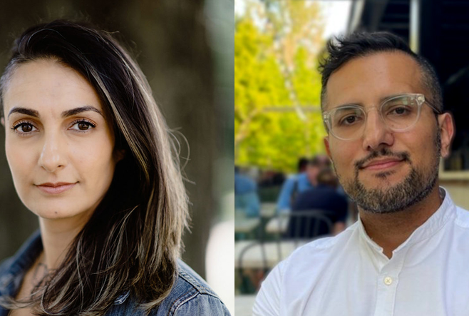 Beyhan Faradi has long hair, and Shozab Raza is wearing glasses and a white dress shirt. Both are pictured outside.