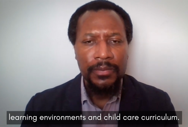 A screen capture of Neil Price, Dean of the School of Justice and Community Development at Fleming College, speaking. Closed captions appear at the bottom that say, learning environment and child care curriculum.