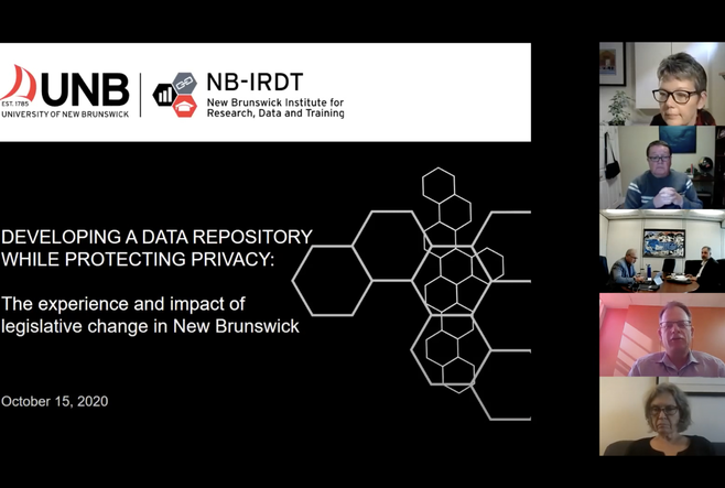 A screenshot of the "Developing a data repository while protecting data" Zoom presentation video. Right hand column of participants with videos on.