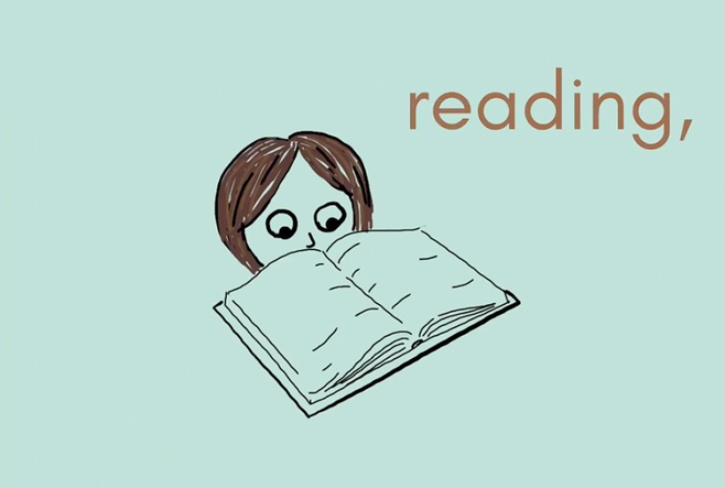 A drawing of a person reading a book, with the word, reading, in the top right.