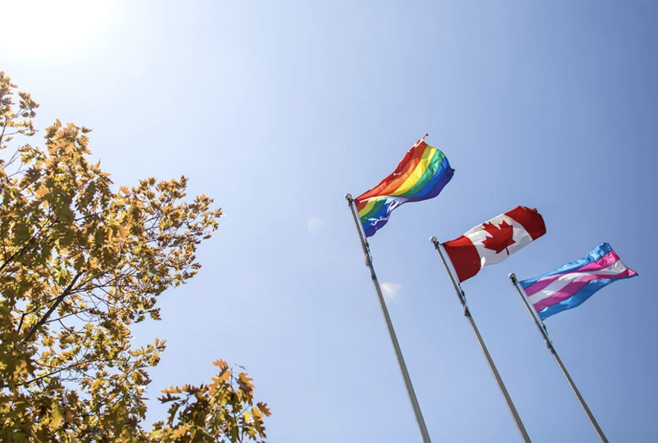 The Pride, Canadian, and Trans flags raised at the University of Toronto