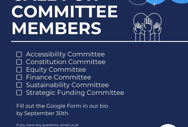 The image has a dark blue background with a light blue cloud design and outlines of raised hands. The text lists the following committees: Accessibility Committee, Constitution Committee, Equity Committee, Finance Committee, Sustainability Committee, and Strategic Funding Committee. It instructs interested individuals to fill out a Google Form by September 30th and provides an email address for questions: oise.gsa@gmail.com. The OISE GSA logo is at the bottom right corner.