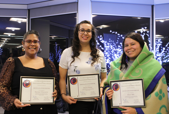 Indigenous students Marleen Villanueva, Shanna Peltier and Diane Hill with their certificates of recognition.