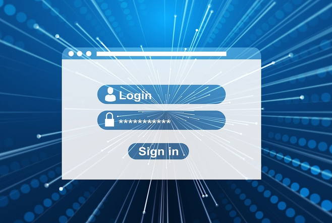 A graphic showcasing a computer login screen floating on a desktop.