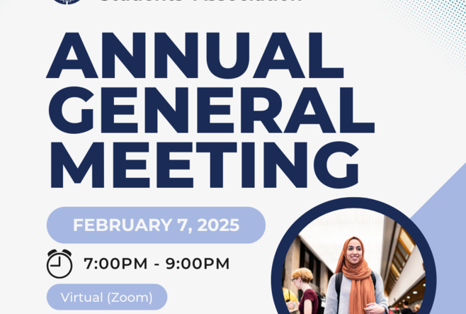 A promotional graphic for the OISE Graduate Students’ Association Annual General Meeting. The event is scheduled for February 7, 2025, from 7:00 PM to 9:00 PM and will be held virtually via Zoom. Meeting ID: 894 0771 9642, Passcode: 512892. The design includes bold blue and white text, a clock icon representing the time, and a circular photo of a person in a bright scarf and light sweater holding a bag, with other people in the background. The overall theme is professional and welcoming.