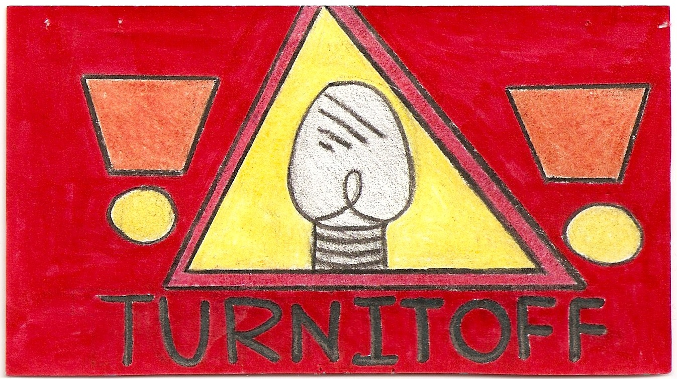 turn off the lights campaign poster: red background, light bulb as a caution sign