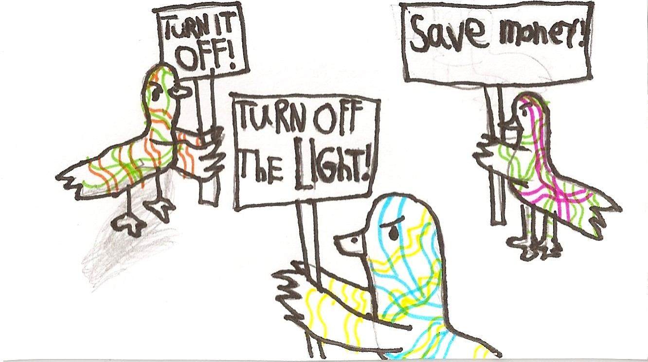 turn off the lights campaign poster: drawing of protesting birds