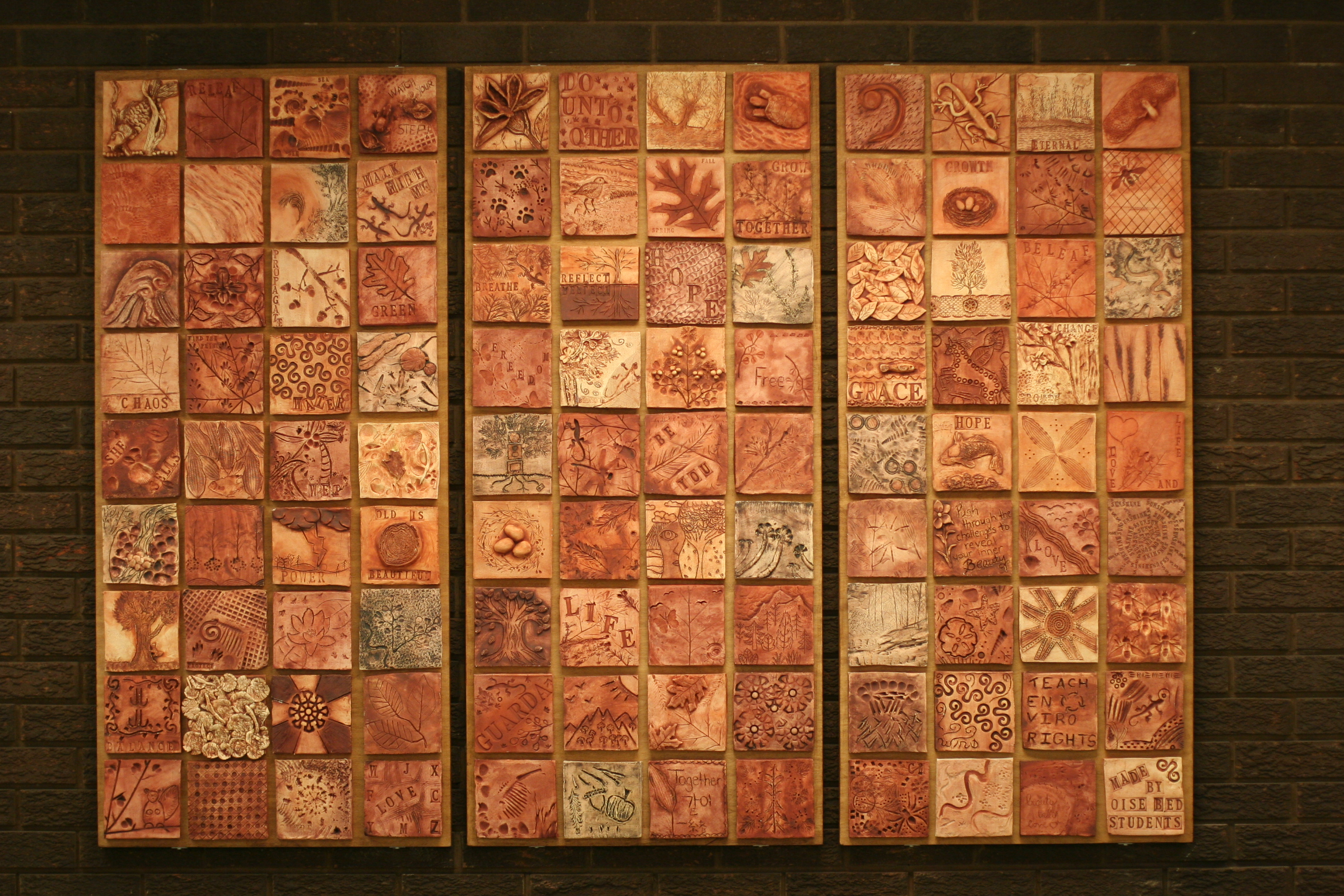 terracota ceramic tiles triptic installation