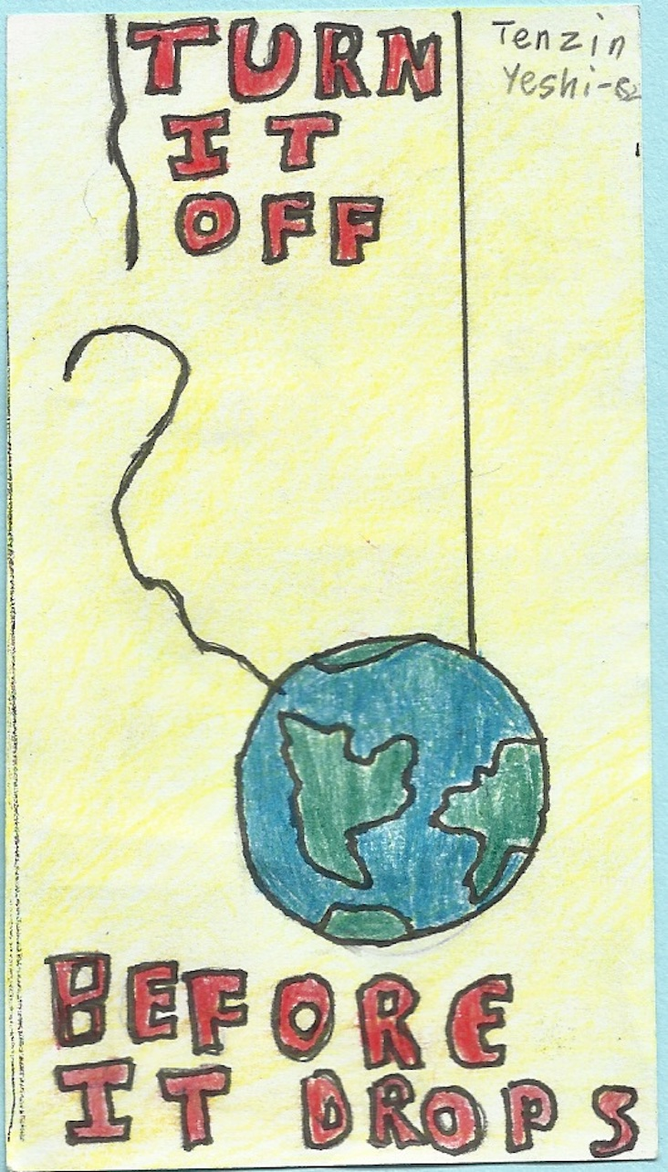 turn off the lights campaign poster: drawing of the Earth being held by two strings, one of which has been broken. "Turn it off before it drops"