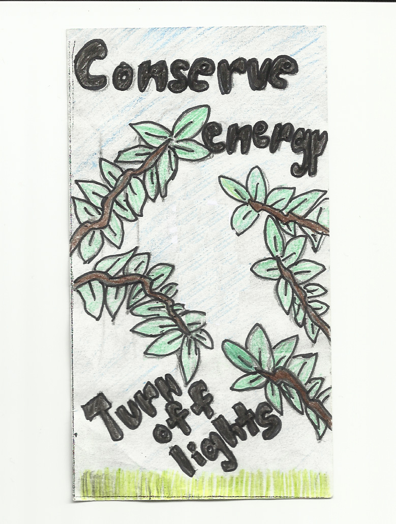 turn off the lights campaign poster: drawing of tree branches growing in all directions. "Conserve energy. Turn off lights".