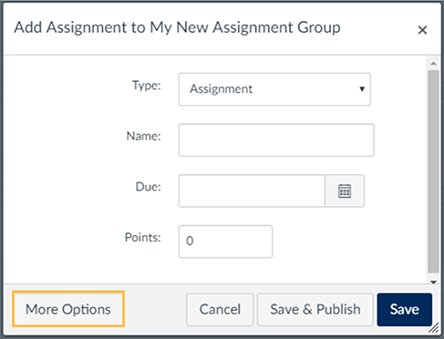 Creating an assignment in Quercus, More Options button