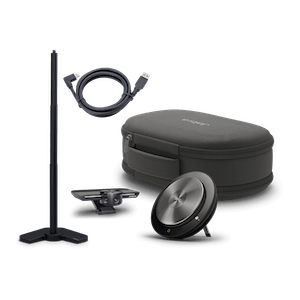 The different components of the Meet Anywhere Kit, from left to right: table stand, USB A-C cable, plug-and-play camera, travel case, and speakerphone