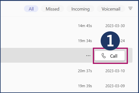 Screenshot of Microsoft Teams Phone that is showing the "Calls" window, zoomed in on the rightside of the calls history section. The "Call" button is highlighted in red and indicated by the number one.