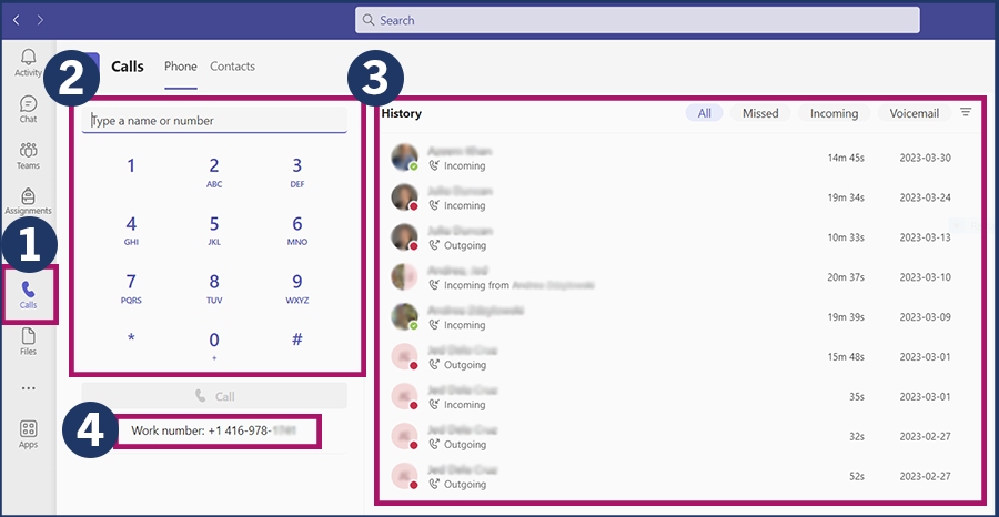 Screenshot of Microsoft Teams app, with the "Call" tab selected. Highlighted in red and numbered in order are 1, the "Call" tab button; 2, the keypad; 3, call history; and 4, the work number of the person using Teams.