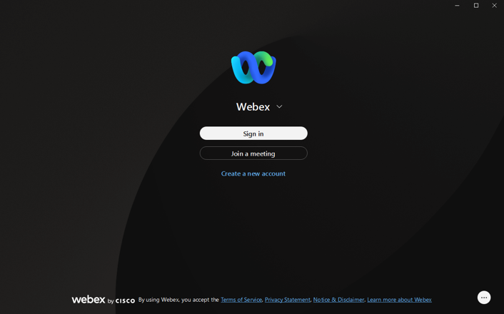 Screenshot of Webex's log-in screen. showing the buttons "Sign in" and "Join a meeting"