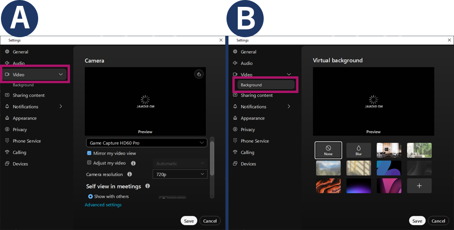 Two screenshot of Webex's Settings window, first with "Video" highlighted with a red frame (A), then with "Background" highlighted with a red frame (B).