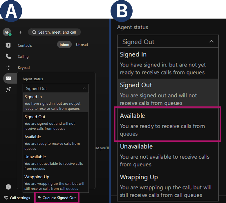 Two screenshot of Webex's window after signing in. The first shows "Queues: Signed Out" highlighted with a red frame (A). The second shows "Available" highlighted with a red frame (B).