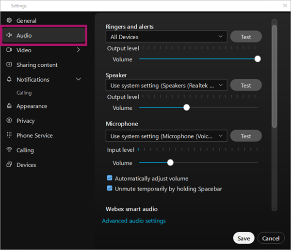 Screenshot of Webex's Settings window, with "Audio" highlighted with a red frame.