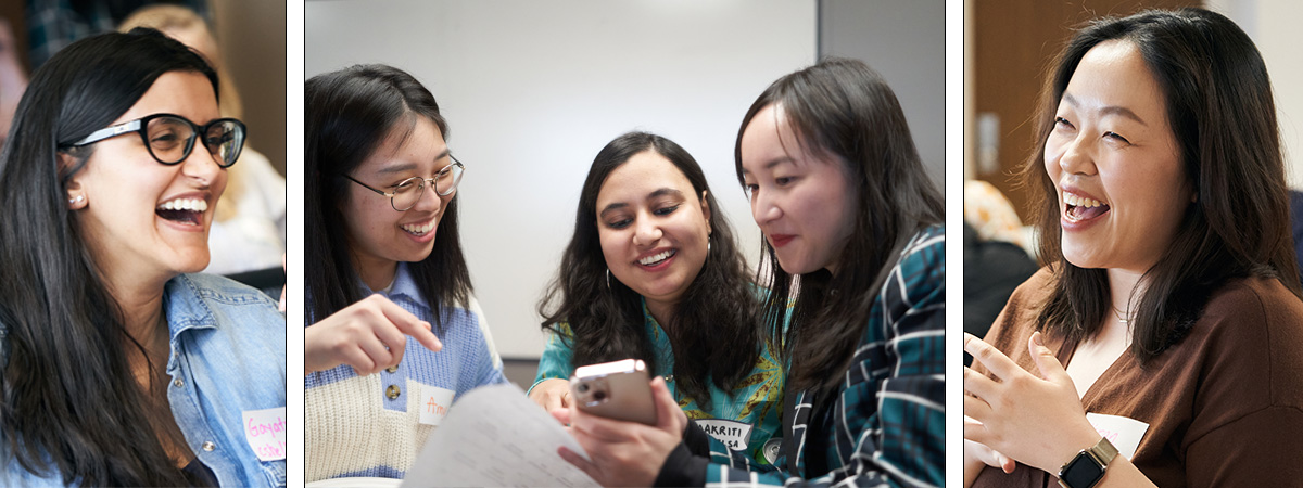 Photo: (L-R); Attendees Gayatri Thakor (Left), Amy (Sol Yi) Kim, Aakriti Mahajan and Zian (Kelly) Zhang looking at a photo screen together (Middle) Yiran Zhang laughing (Right). 