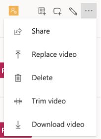 A dropdown menu that appears in MS Stream. The list is as follows: Share, Replace video, Delete, Trim video, Download video.