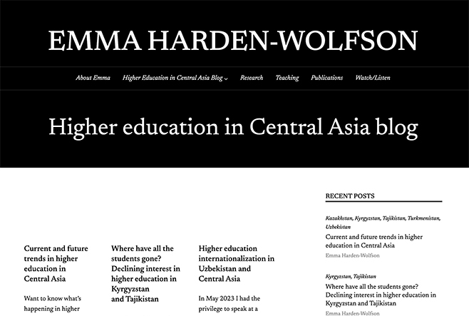 A website screenshot of "Emma Harden-Wolfson - Higher education in Central Asia blog"