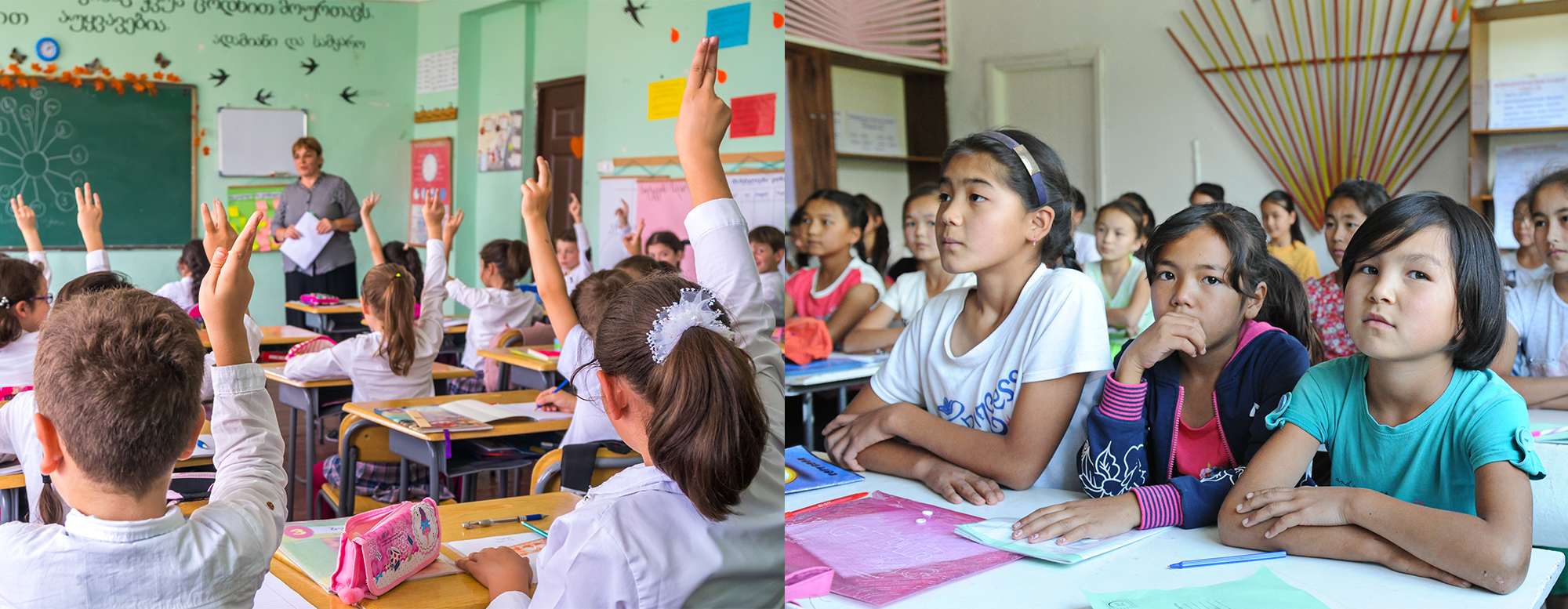 The backgrounds from where post-Soviet children come from can vary remarkably. On the right school children in Georgia (Caucasus), on the left classroom in Kyrgystan (Central Asia). The top photo of the page is from Siberia, Russia. Credits: Shutterstock