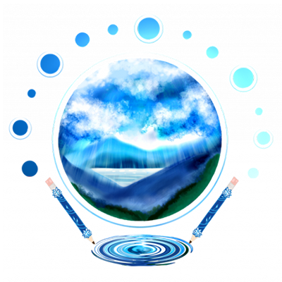 A circle with mountains inside. With a border made with circles at the top, two pencils at the bottom and a reflection.