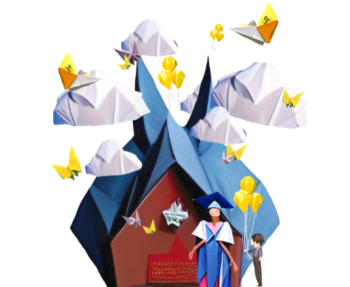 An illustration of an origami with multiple elements including balloons, a graduate and clouds.