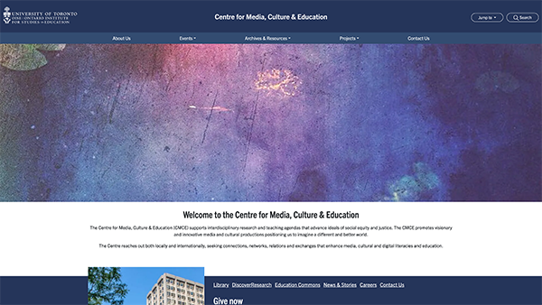 A screenshot of the Centre for Media, Culture & Education (CMCE) website.