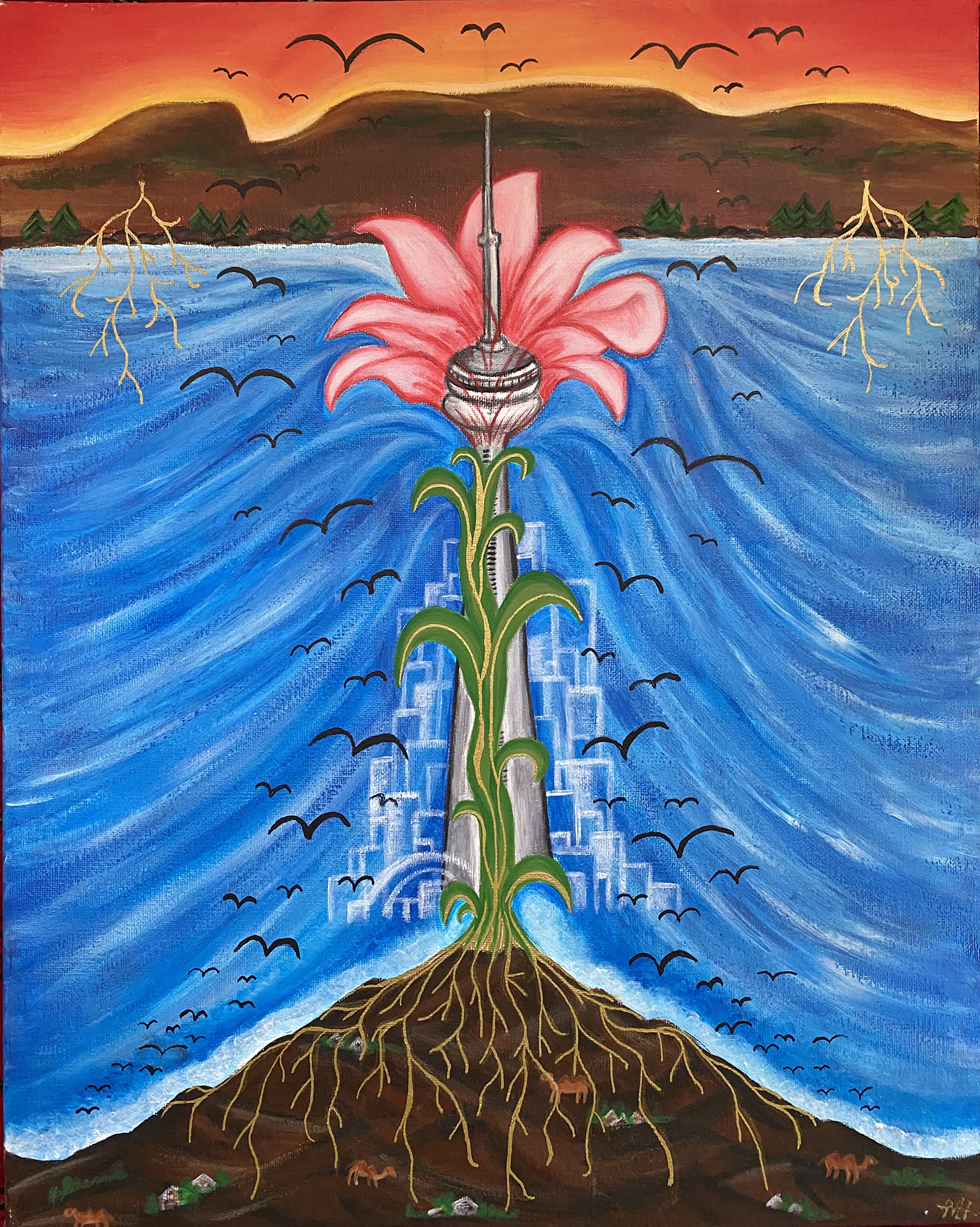 An acrylic on canvas illustration with imagery of the CN Tower, a flower, terrain, and roots.