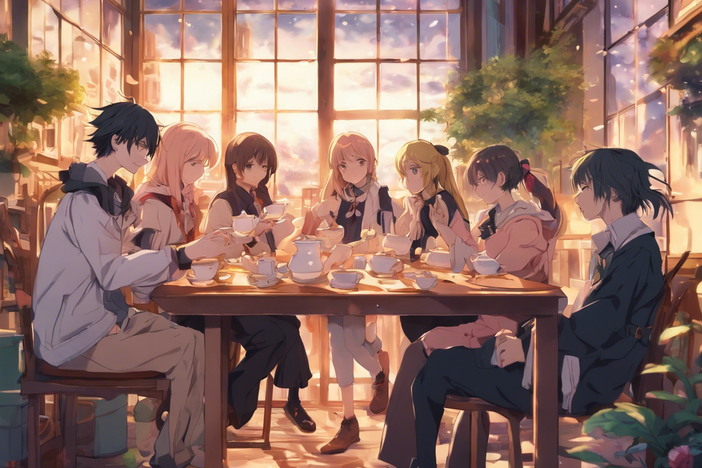 anime style image of many people seated around a table which is covered with tea cups and tea pots