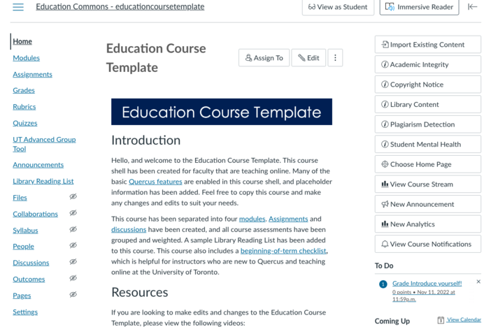 A screenshot of the instructor view in Quercus.